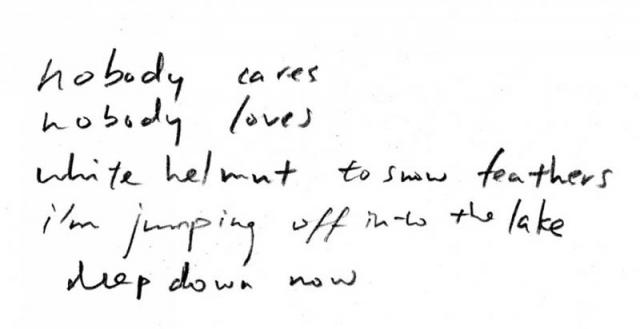 Terence KOH nobodnobody cares, nobody loves, white helmut to snow feathers, i'm jumping off into the lake, deep down now (2004)